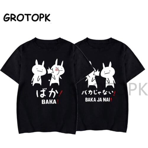 Baka Rabbit Japanese Friend Couple T Shirt Summer Women Black TShirt Harajuku Streetwear Mens Clothes Anime Cotton Shirt