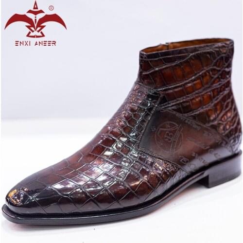 Holly Shit Men Shoes! 100% Genuine Crocodile Leather Mens Boots Patina Chocolate Brown Color Martin Shoes Handmade Custom