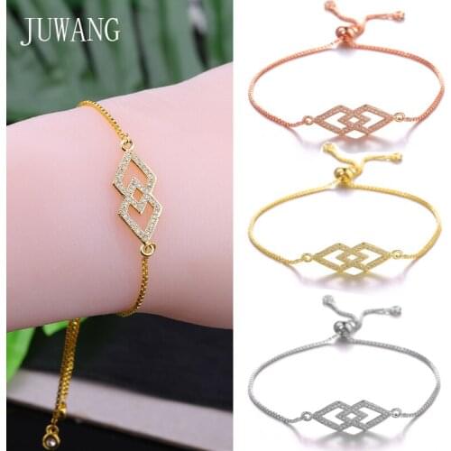 JUWANG New Fashion DIY Zirconia Pave Setting Chinese Knot Charm Bracelets For Woman Adjustable Chain Bracelet Bangles Jewelry