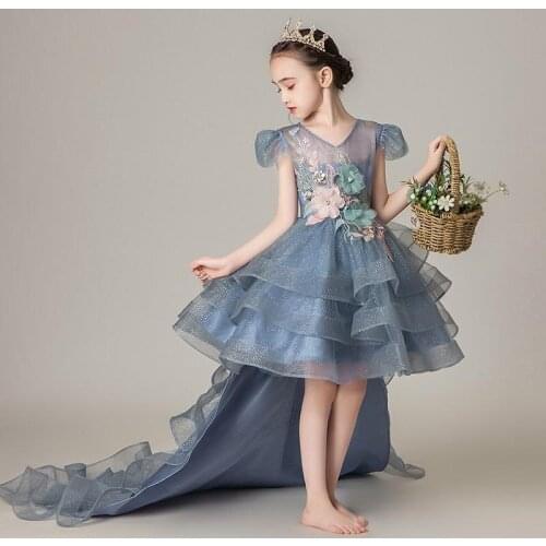 Katoen Princess Tulle Evening Dress Kids Tailing Embroidery Birthday Party Gown Elegant Catwalk Host Dresses
