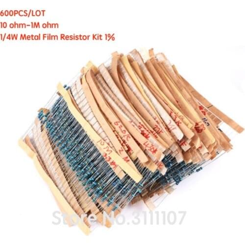 600PCS/LOT 10 ohm-1M ohm 1/4W Metal Film Resistor Kit 1% Resistor Assorted Kit Set 10R-1MR Resistance Pack 30 Values each 20PCS