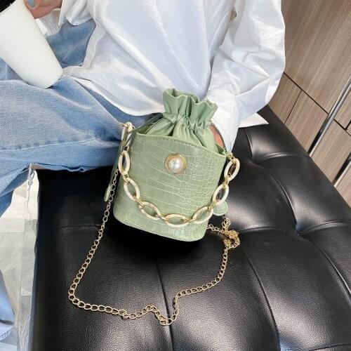 Fashion Women Drawstring Bucket Shoulder Bag Alligator PU Leather Female Acrylic Chain Small Casual Crossbody Handbag Pouch
