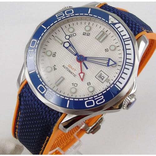 41mm Date Automatic Men Watch Ceramic Orange Rubber Strap GMT Movement Sapphire Crystal Luminous White Dial