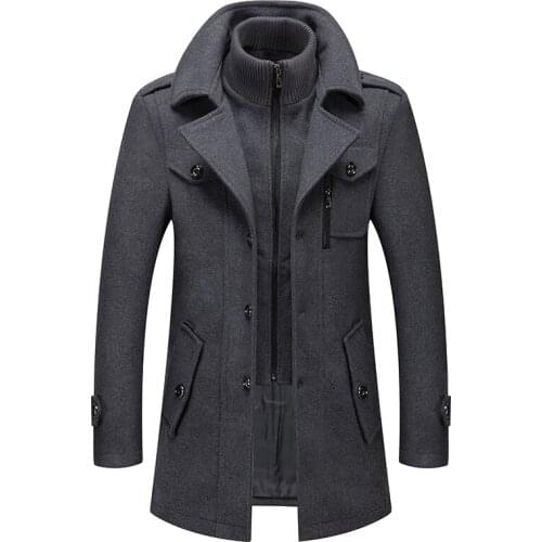 Mens Woolen Coat Trench Thick Cashmere Cold-Resistant Jacket Warm Double-Collar Mid-Length Woolen Windbreaker Jacket Mens Coats
