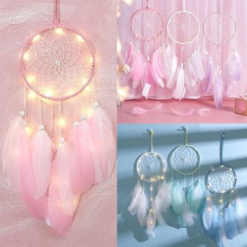 New Dreamcatcher Feather Pendant Wall Hanging Decor 20 Led Lamp Crafts Wind Chimes Girl Bedroom Romantic Hanging Decoration Gift