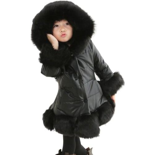 Solid Cotton-Padded Jacket for Kids Girl Fashion Coat Fur Hooded Outerwear Baby Warm PU Leather Jacket Toddler Winter Clothes