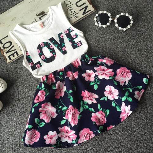 2-7T Clothes Set Summer Baby Girls Clothing Set Children Love Printed T-shirt+Floral Skirt 2pcs Suit Kids