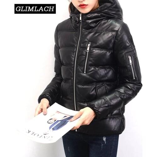 2019 Black Genuine Leather Down Coat Women Autumn Winter Slim Short Hooded Real Leather Down Jacket Female Fashion Thick Outwear