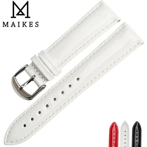 MAIKES Watch Accessories Genuine Cow Leather Watch Band Patent Leather Fashion White 12MM 14MM 16MM 18MM 20MM Watch Strap