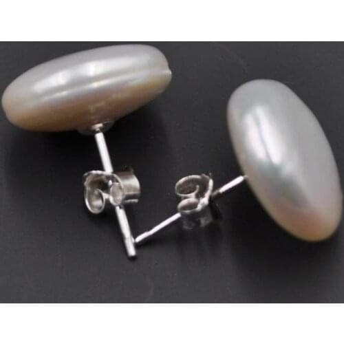 Free shipping 13-14mm coin flat freshwater pearl studs earring s925