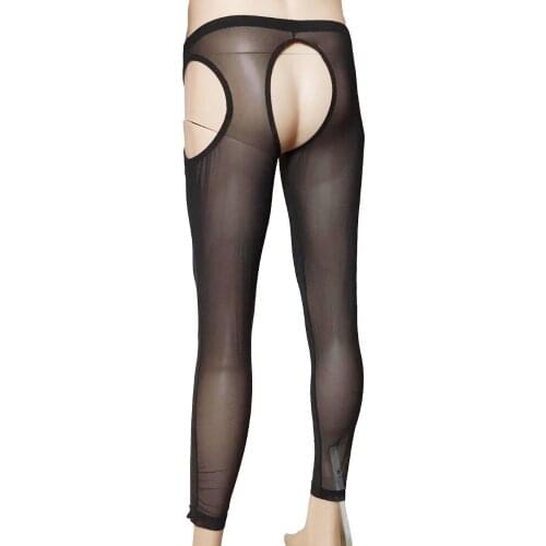 Sexy Sissy Men Open Crotch Butt Sheer Mesh Long Johns Hot Pants 4 Way Hollow Out Trousers Lingerie Fetish Underwear Tights