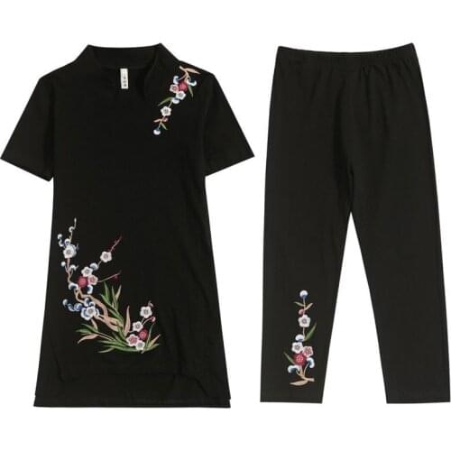 Chinese national style womens summer large retro embroidery short sleeve T-shirt two piece set