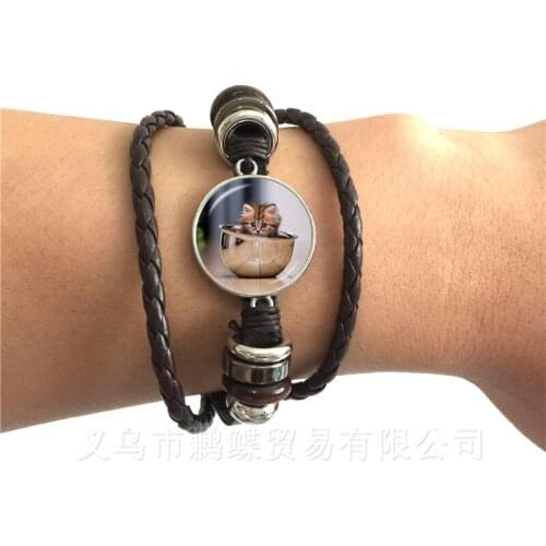 Cat Pet Vintage Bracelet Glass Cabochon Animal Handmade Black/Brown Leather Adjustable Bangle Cat Lover Creative Gift