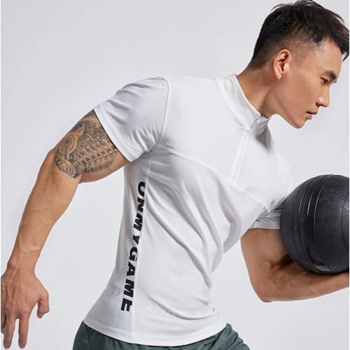 High stretch slimming T-shirt summer sports fitness training small high collar mens Short sleeve quick-dry gyms tops tees
