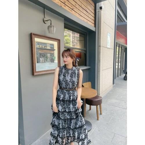 DALMAZZO Mesh Embroidery Women O Neck Sleeveless Cake Long Dresses 2021 New Summer Designer Lady Casual Big Size Slim Vestidos