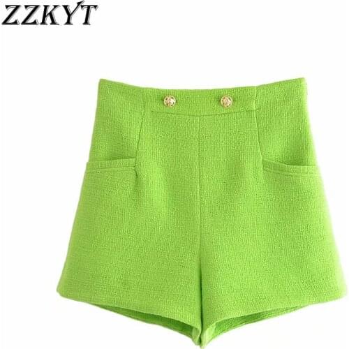 ZZKYT 2021 Women Summer Vintage With Double Buttons Plaid Tweed Shorts Fashion Pocket High Waist Side Zipper Female Skort Mujer