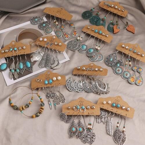 FNIO 2021 New Bohemian Vintage Earrings Set For Women Ethnic Feather Sun Moon Drop Earrings Jewelry Female Fashion Statement