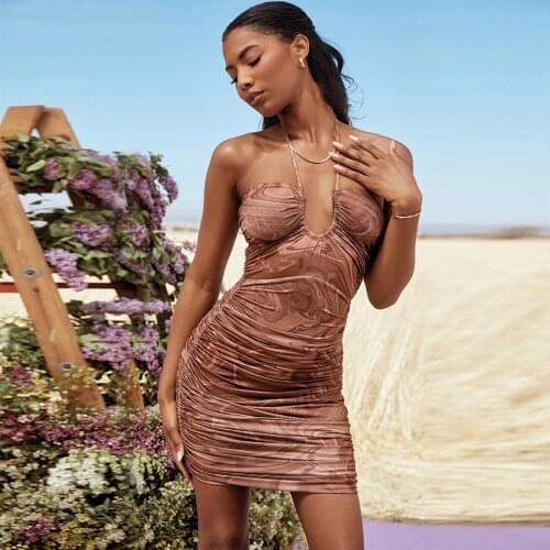 Sexy Halter Straps Backless Crop Top High Slit Ruched Satin Summer Dress Flexible Cowl Dresses for Women Party Mini Dress