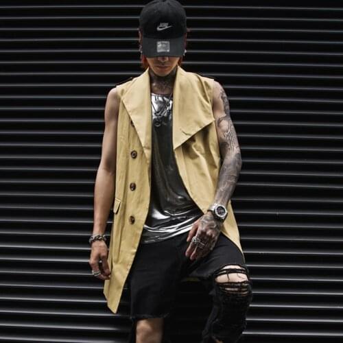 Hiphop Waistcoat men Khaki color Extra Long Sleeveless coats Punk style