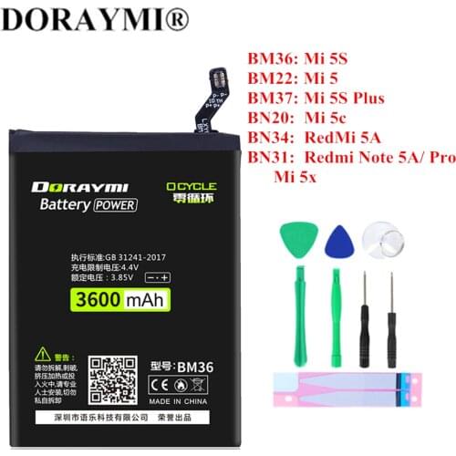 DORAYMI for Xiaomi Mi 5 5X 5S Plus 5C Mi5S Redmi 5A Note 5A Y1 Lite Battery High Capacity BM22 BM36 BN20 BN31 BM37 BN34 Bateria