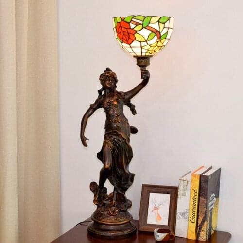 Red and yellow retro rose girl angel goddess LED light Tiffany stained glass living room dining room bedroom bedside table lamp
