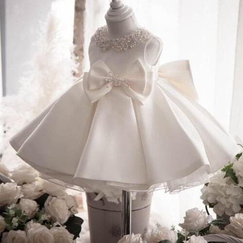Girls Boutique Ball Gowns Baptism Frocks Infant Baby 1st Birthday Princess White Pink Dress with Pearls Kids Wedding Party Dress