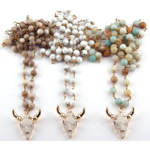 Free Shipping Fashion 6mm Semi Precious Stones Rosary Chain Mini Horn Pendant Necklaces Women Ethnic Necklace