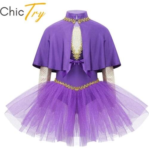 Kids Sequins Bowknot Glitter Mesh Tutu Ballet Dress Girls Gymnastics Leotard with Cape Arm Sleeves Set Performance Dance Costume