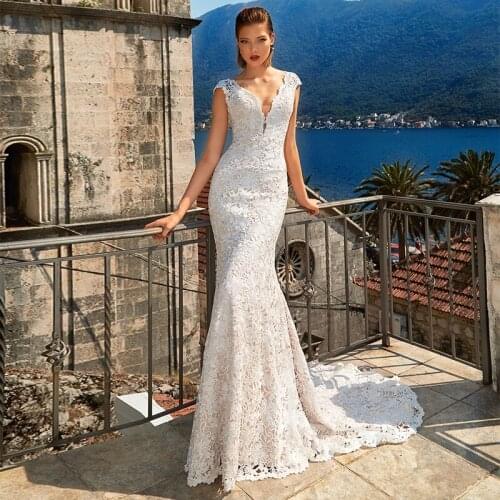 Elegant Lace Mermaid Wedding Dress 2021 High Quality Sexy V-neck Cap SLeeve Sweep Train Backless Bridal Gowns Vestido De Noiva