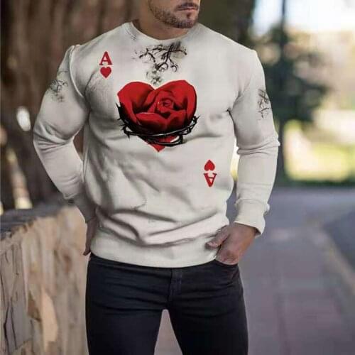 Spring Autumn Rose Hearts Poker Pattern Printed T-Shirt Men Streetwear Trendy Long Sleeve Casual O-Neck Oversize Sports Male Tee