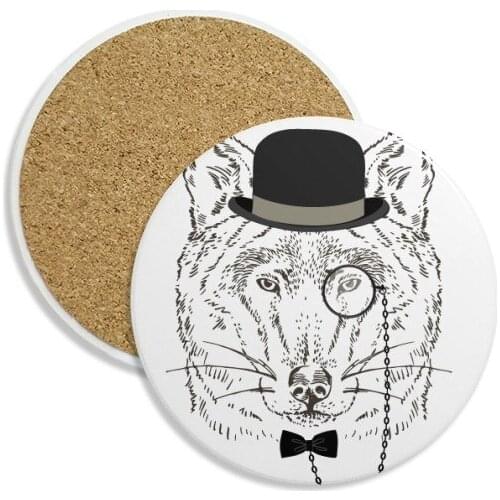 British Style Gentle Wolf With Hat Bow Tie Glass Stone Drink Ceramics Coasters for Mug Cup Gift 2pcs
