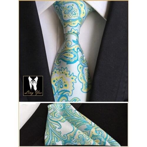 Tie Hot Sale 8cm Designer Necktie SET Fashion Blue Paisley Ties with Pocket Square for Husband Gift