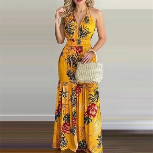 Imcute Sexy Boho Beach Dress Women Summer Spring Tropical Print Halter Backless Maxi Dress Vacation Sleeveless Floral Dresses