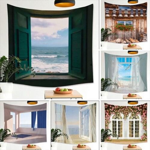 Imitation Window Landscape Tapestry flower Wall Hanging Tropical Tree Tapestries Art Home Decoration Sea beach Sunrise Home Dorm