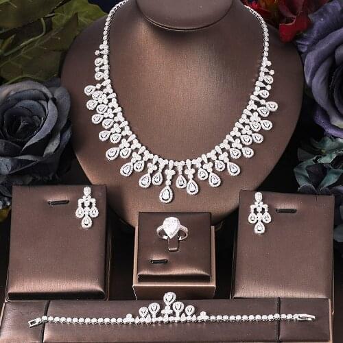 Janekelly4 pcs Bridal Zirconia Full Jewelry Sets For Women Party, Luxury Dubai Nigeria CZ Crystal Wedding Jewelry Sets
