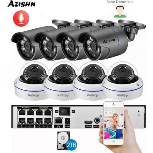 AZISHN 8CH 4MP POE NVR Kit H.265 Security Camera System Audio AI IP Camera Face detect Indoor Outdoor P2P Video Surveillance Set