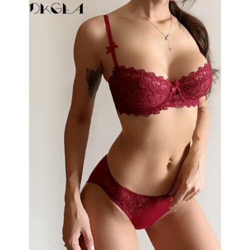 Hollow Underwear Set Lace Bras 1/2 Cup Brassiere White Transparent Sexy Bra Panties Sets Women Plus Size Lingerie Set Embroidery