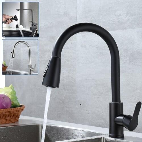 Black Matte Kitchen Faucet Stream Sprayer Single Handle Pull Out Mixer 360° Rotation Hot and Cold Water Taps Deck Mounted