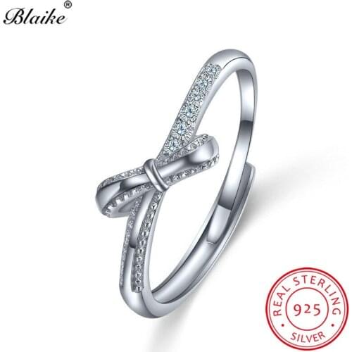Blaike Minimalist Female Wedding Thin Bowknot Rings Real 925 Sterling Silver Open Rings For Women Cute Engagement Fine Jewelry