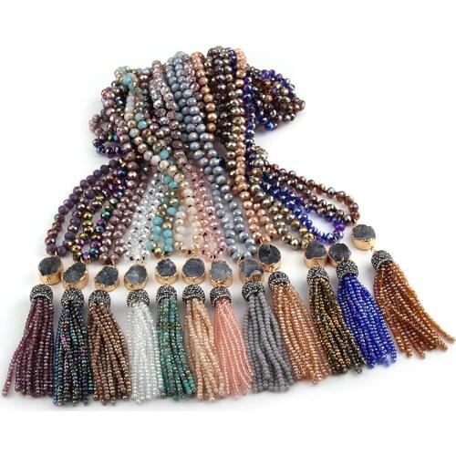 Fashion Bohemian Tribal Jewelry Multi Glass Knotted Druzy Link Crystal Tassel Necklaces Women Ethnic Necklace 24 color choose