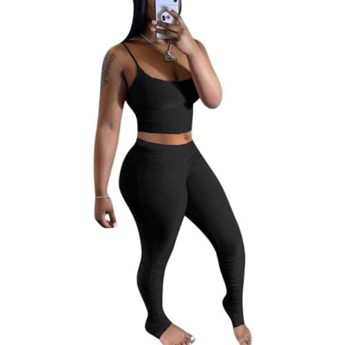 2020 Fashion New Arrival Ladies Strap Sleeveless Bodycon Bodysuit Stacked Ruched Two Piece Set