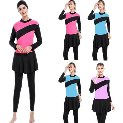 Muslim Swimwear Women Modest Jumpsuits Patchwork Hijab Long Sleeves Sport Swimsuit 2pcs Islamic Burkini Wear Bathing Suit M-4XL