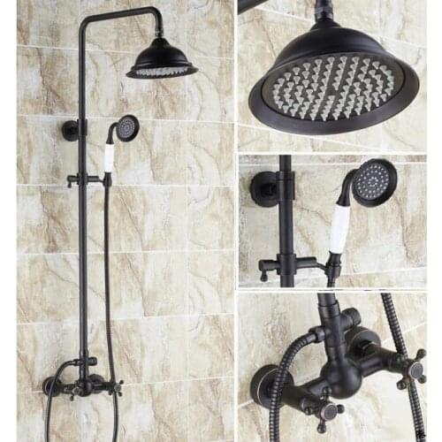 Black Oil Rubbed Bronze Bathroom Rainfall Shower Faucet 8.2" Round Shower Head Set Mixer Tap Two Cross Handle ars411