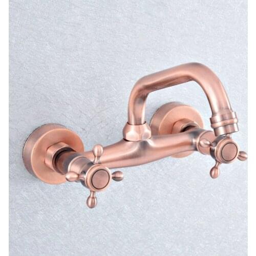 Antique Red Copper Brass Wall Mounted Dual Handle Bathroom Kitchen Sink Faucet 360 Rotate Swivel Basin Mixer Tap Bathtub Faucet