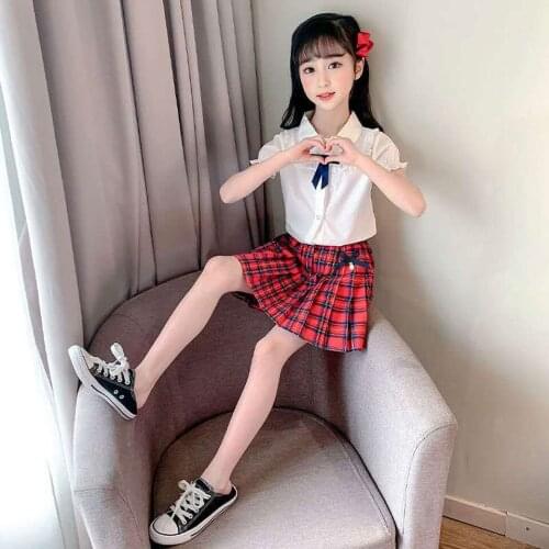 Novelty 2020 Kids Baby Girl Summer Clothes Tops White Color T-Shirt +Casual Plaid Skirt 2PCS Suit 3-12 Sweet Girls Outfit Set