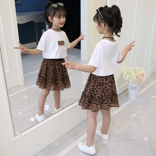 Girls Clothes 2019 Child Clothes Summer Set Toddler Outfits Kid Children T-shirt + Leopard Skirt 3 to 13 Years