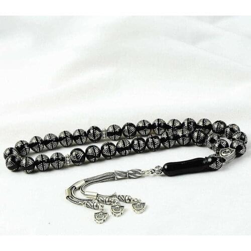 Original Jet Rosary (Tasbih) with Extra Silver Inlays
