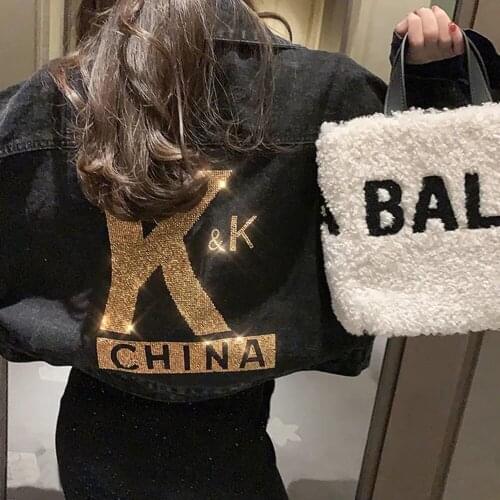 Autumn Denim Jacket Women New Alphabet Sequins Turn-down Collar Loose Jean Coat Female Black Bomber Short Womens Denim Coat