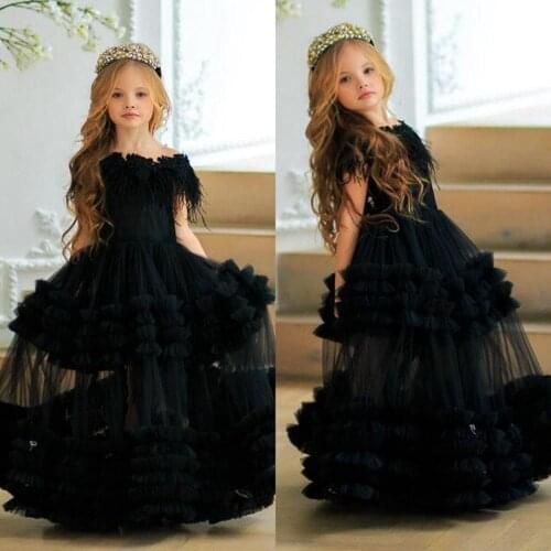Black Flowers Girls Dresses Tiered Ruffles Off Shoulder Kids Teens Pageant Gowns Birthday Party Dress For Girls