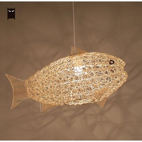 Wicker Rattan Carp Fish Pendant Light Fixture Coutry Rustic Japanese Style Hanging Ceiling Lamp Farmhouse Restaurant Dining Room